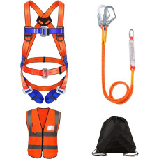 Apsaugos nuo kritimo diržai, 5 taškų apsaugos nuo kritimo diržai, 2 kabliai, 2 m saugos virvė, su sulaikymo įtaisu + priedas: šviesą atspindinti liemenė ir kuprinė