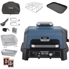 Ninja Woodfire Pro Connect XL Electric BBQ Smoker Grill, App Control, Digital Temperature Sensor, Ribbed Grate, Lid, Large 7-in-1 Outdoor Grill & Hot Air Fryer, Blue & Black OG901EUAMZ