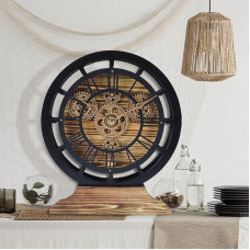 Lafocuse Table Clocks with Movable Gears, Black Industrial Steampunk Vintage Wood, Convertible into a Wall Clock, Retro Romantic Numbers for Living Room, Bar