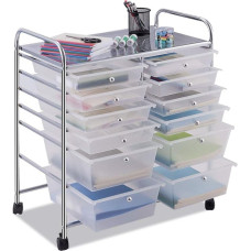 COSTWAY vežimėlis su 12 sudedamų stalčių, stalčių vežimėlis, riedantis konteineris su metaliniu rėmu ir lentyna, vonios kambario vežimėlis, skirtas biurui, svetainei (skaidrus)