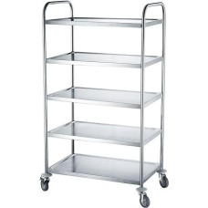 HENDI serviravimo vežimėlis, virtuvinis vežimėlis, su 4 pasukamaisiais ratukais, iš kurių 2 stabdomi, su apsauga nuo smūgių, su 5 lentynomis, maksimali vieno padėklo apkrova 50 kg, 905 x 585 x (H) 1545 mm, nerūdijantis plienas