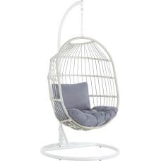 Alba Modern Hanging Chair in White Metal/Rattan/Braided Rope with Cushion Grey
