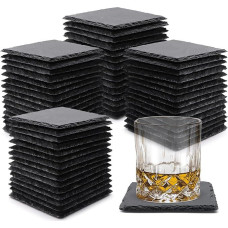 VIBRATITE 60 vienetų skalūnų pakraštėlių, 4 colių juodi skalūnų akmens gėrimų pakraštėliai Stiklo pakraštėliai su antiįbrėžimų pagrindu lazeriu graviruotai kavos baro virtuvei Namų apdaila Kvadratas