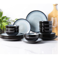 LeRatio Geschirrset 6 Personen, 18-tlg Reaktive Glasur Handarbeit Steingut Geschirr Set, Mikrowellen- & Spülmaschinenfest Schüssel- und Teller Set, Ozeanblau