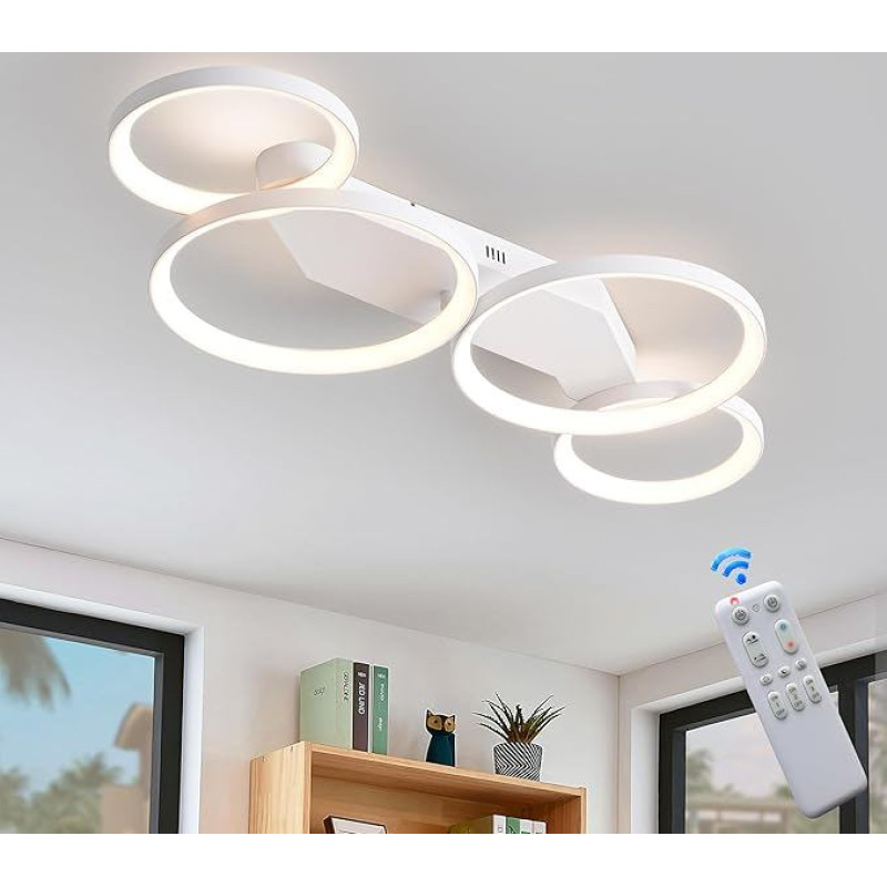 45 W 80 cm baltos spalvos 4 žiedai, didelis miegamojo kambario šviestuvas, spalvinė temperatūra 3000-6000 K, 4 W naktinė lemputė, atminties funkcija