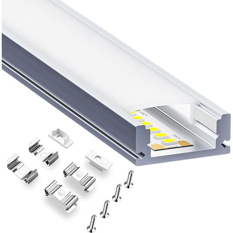 1 m ilgio LED aliuminio profilių rinkinys - 6 x U formos profilis su difuzoriumi, skirtas LED juostelėms 12,4 mm - įleistinis profilis gipso kartono plokštėms, luboms, netiesioginiam apšvietimui