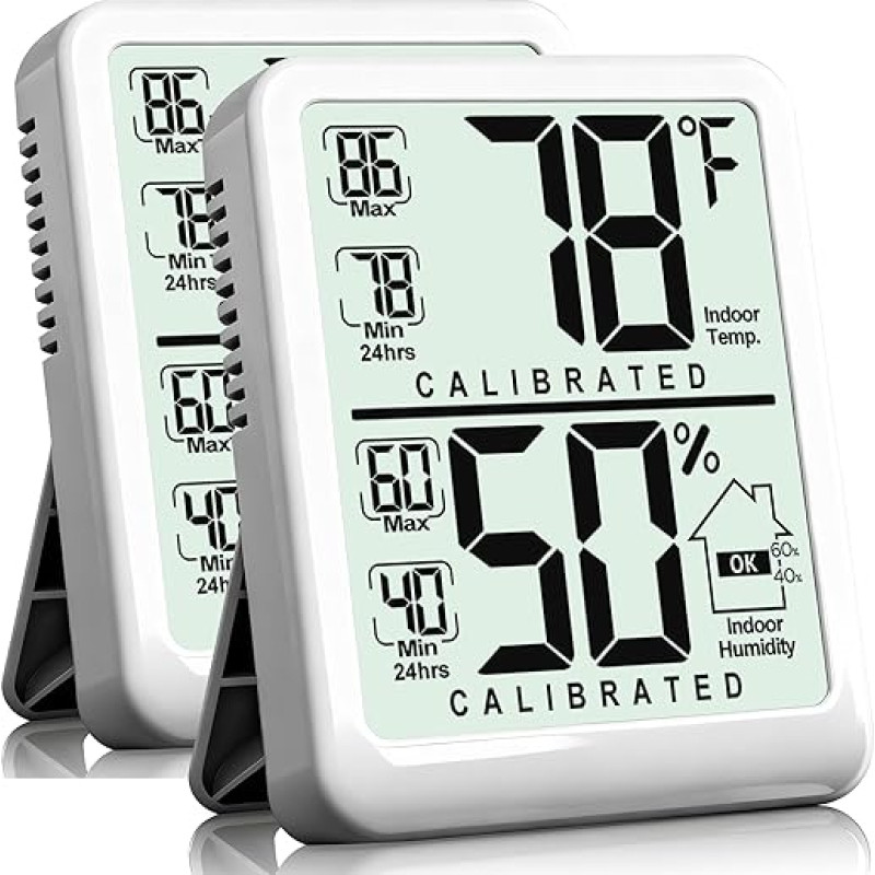 Antonki 2 pakuotės kambario termometras, skaitmeninis mažas vidaus termometras drėgmės matuoklis, temperatūros drėgmės matuoklis su maksimalaus/minimalaus įrašymo monitoriaus jutikliu namams