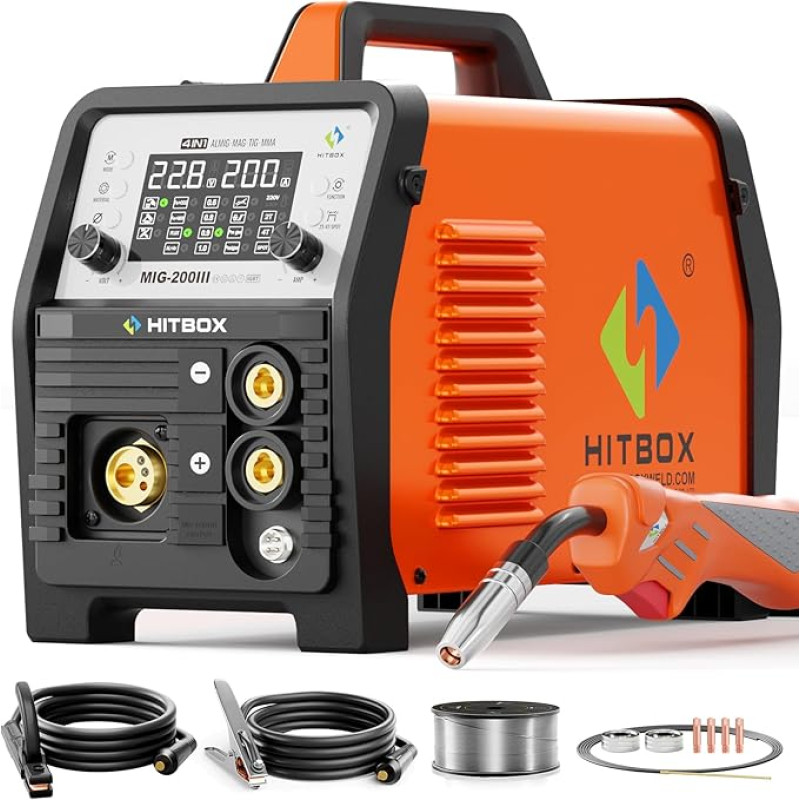 HITBOX MIG200III 7-in-1 MIG suvirinimo aparatas 200A 230V - dujos/be dujų, E-Hand, lift TIG, taškinis suvirinimas, suvirinimo pistoletas, aliuminis, LED ekranas, išankstinė/pakartotinė dujų kontrolė (MIG200III)