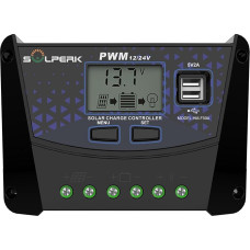 SOLPERK 50A saulės įkroviklio valdiklis 12V 24V automobiliams, saulės kolektorių baterijų pažangusis valdiklis su dvigubu USB prievadu PWM valdikliu, skirtas gelio AGM švino rūgšties ličio LiFePO4 akumuliatoriui (50A)