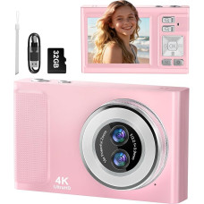 Skaitmeninis fotoaparatas, JDZ 4K fotoaparatas Foto kamera 16X, skaitmeniniai fotoaparatai 1080P, kompaktiškas fotoaparatas su 32GB TF kortele, skaitmeninis fotoaparatas, foto kamera vaikams, paaugliams, gimtadieniui, Kalėdoms (rožinė)