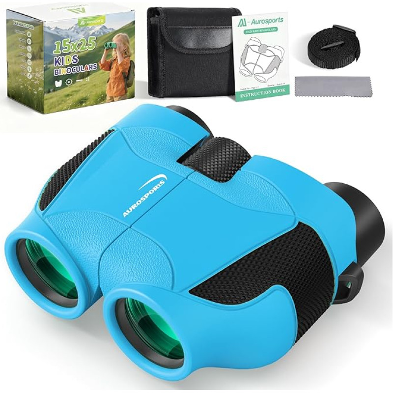 Mini žiūronai vaikams ir suaugusiesiems - Aurosports 15 x 25 žiūronai paukščių stebėjimui, maži žiūronai vaikams 8-12 m., lavinamajam mokymuisi, dovanos berniukams, mergaitėms, sportui - mėlyni