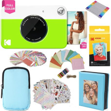 KODAK Printomatic Full Colour Instant Print Camera + Soft Case + Zinc 2 x 3 Inch Self-Adhesive Photo Paper, Pack of 20 + Album + Sticker Sets + Sticker Frame + Marker + Hanging Frame - Green