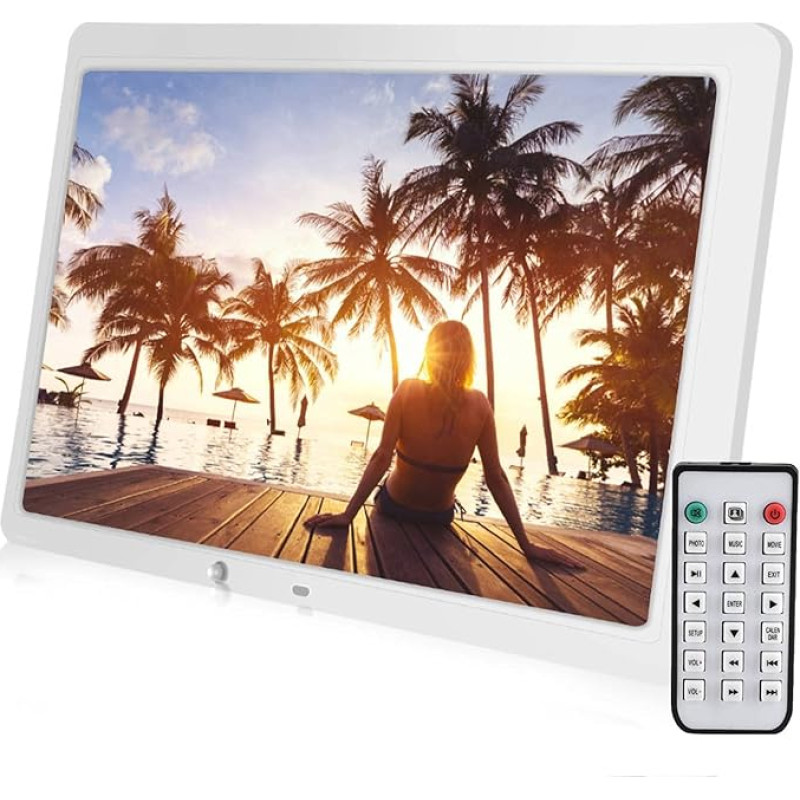 Skaitmeninis nuotraukų rėmelis 15,4 colių, 1280 x 800 su judesio jutikliu, skirtas nuotraukoms / muzikai / vaizdo įrašams / kalendoriui, elektroninis nuotraukų rėmelis, su nuotolinio valdymo pultu, palaiko USB 2.0 / SD / 3,5 mm