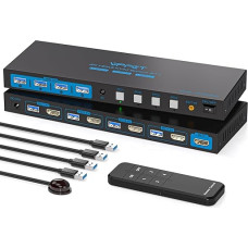 4K @ 60 Hz HDMI KVM jungiklis 4 kompiuteriams/1 monitoriui, USB 3.0, EDID modeliavimas, 4x1 4 kompiuteriams su 1 monitoriumi ir 4 USB prievadais, pele, spausdintuvu, su 4 USB kabeliais ir mini valdikliu