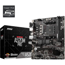 MSI A520M PRO žaidimų pagrindinė plokštė (AMD AM4, DDR4, PCIe 4.0, SATA 6 Gb/s, Dual M.2, USB 3.2 Gen 1, HDMI/DP, Micro-ATX)