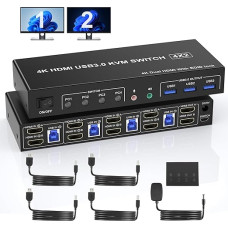 4K @ 60Hz Dviejų monitorių HDMI KVM jungiklis 4 kompiuteriams, palaiko EDID, USB 3.0 KVM jungikliai HDMI 4 kompiuteriams, 2 monitoriams su garso mikrofonu ir 3 USB 3.0 prievadais, įskaitant nuolatinės srovės adapterį ir 4 USB 3.0 kabelius