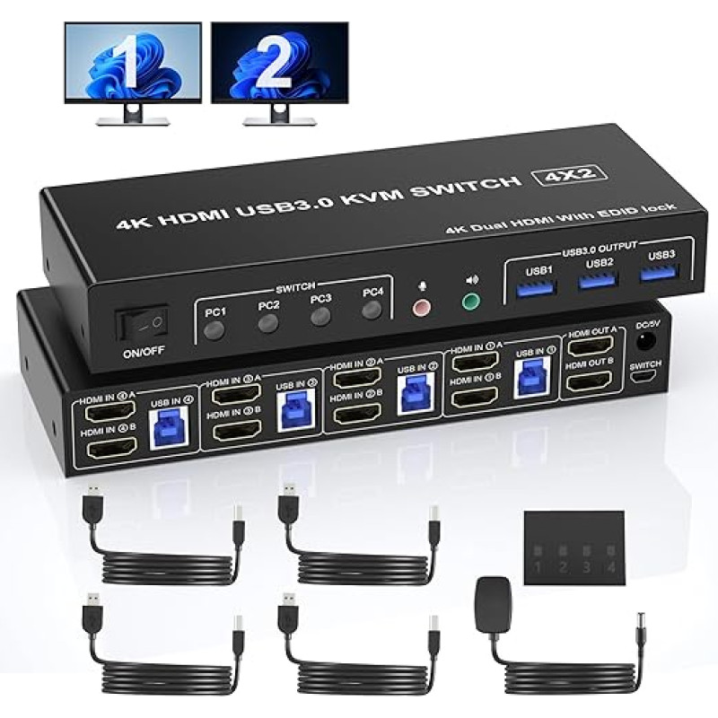 4K @ 60Hz Dviejų monitorių HDMI KVM jungiklis 4 kompiuteriams, palaiko EDID, USB 3.0 KVM jungikliai HDMI 4 kompiuteriams, 2 monitoriams su garso mikrofonu ir 3 USB 3.0 prievadais, įskaitant nuolatinės srovės adapterį ir 4 USB 3.0 kabelius