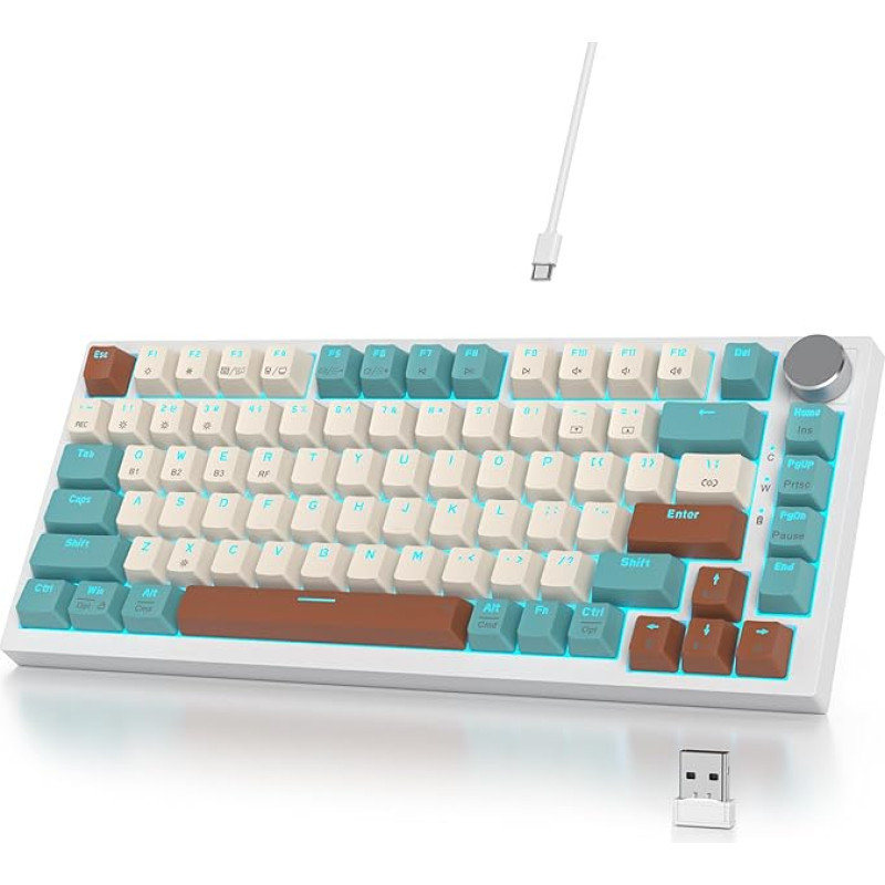 Mechaninė klaviatūra belaidė 75 % su mygtukais, TKL žaidimų klaviatūra 75 % amerikietiška QWERTY RGB Bluetooth/2.4G/USB PBT klavišų dangteliai, 