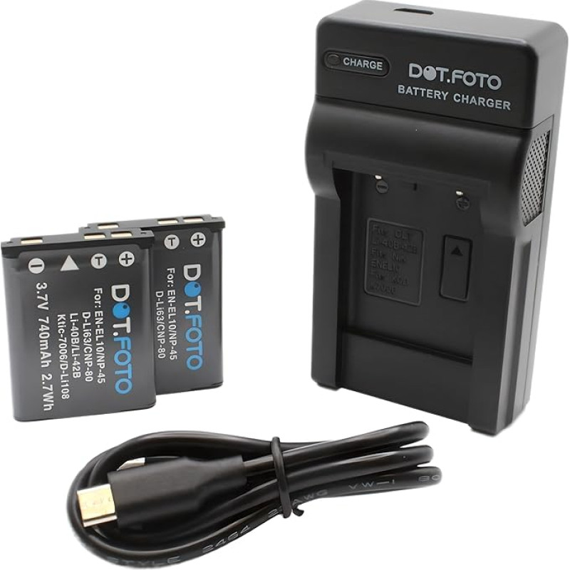 LI-40B, LI-42B Premium 740 mAh akumuliatorius (2 vnt.) ir LI-40C USB tipo įkroviklis, skirti 