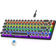 7KEYS rašomosios mašinėlės klaviatūra, 65 % retro mechaninė klaviatūra, laidinė klaviatūra, 68 klavišai, mini, 60 % itin kompaktiška, keičiama karštuoju būdu, RGB vaivorykštės LED apšvietimas, apvali