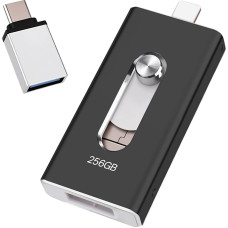 USB atmintinė iPhone 256GB, [MFi Certified] 4-in-1 atmintinė iPhone nuotraukoms, vaizdo įrašams, perkėlimui ir atsarginiam kopijavimui, 【be programėlės】 iPhone išorinei saugyklai, suderinama su iOS/Android/PC/Mac, juoda