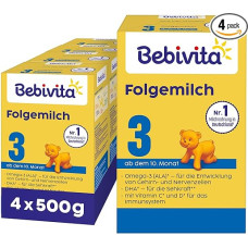 Bebivita 3 tolesnio maitinimo pienas (4 x 500 g), nuo 10 mėnesio, su vitaminais C ir D, omega-3 (DHA, ALA), tinkamai sotus pagal amžių.