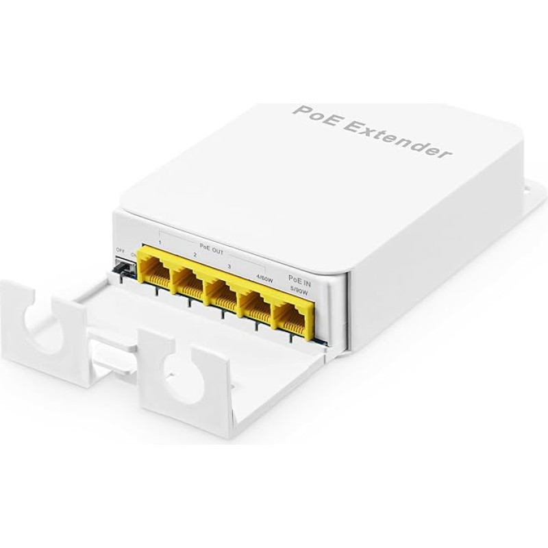 Lauko Gigabitinis PoE PoE pralaidumo jungiklis, 1 PoE įėjimas, 4 PoE išėjimai, IEEE802.3af/at/bt PoE maitinimas 90 W, 10/100/1000Mbps Ethernet, montavimas ant sienos, atsparus vandeniui, Plug and Play