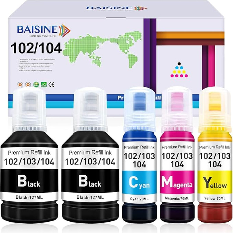 BAISINE 104 rašalas, suderinamas su Epson Ecotank 104 102 rašalo buteliuku, skirtu EcoTank ET-4800 ET-2862 ET-2870 ET-2850 ET-2856 ET-2810 ET-4850 ET-3850 ET-1810 ET-2710 ET-2722 0 ET-2815 ET-2821