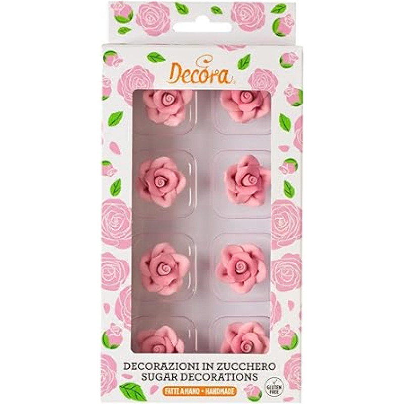 DECORA, 0500383 Rankų darbo mažos cukrinės rožės, pagamintos naudojant natūralius dažiklius, supakuotos į 8 pakuotes, idealiai tinka tortams ir pyragaičiams puošti