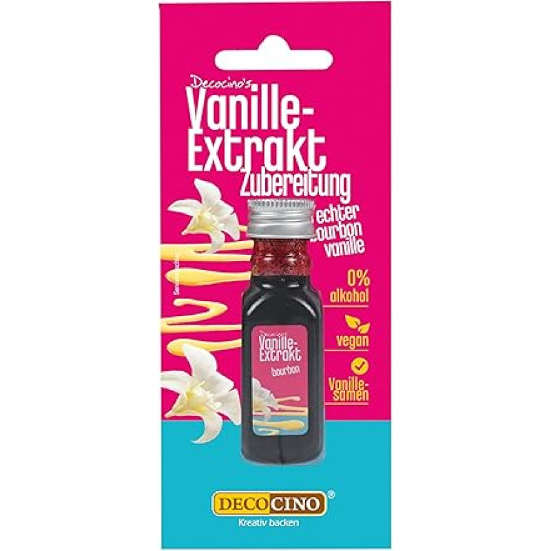 DECOCINO Vanilės ekstraktas (20ml) Natūralus vanilės aromatas be alkoholio iš Madagaskaro burbono - skirtas pyragams, pyragams ir gėrimams - veganiškas
