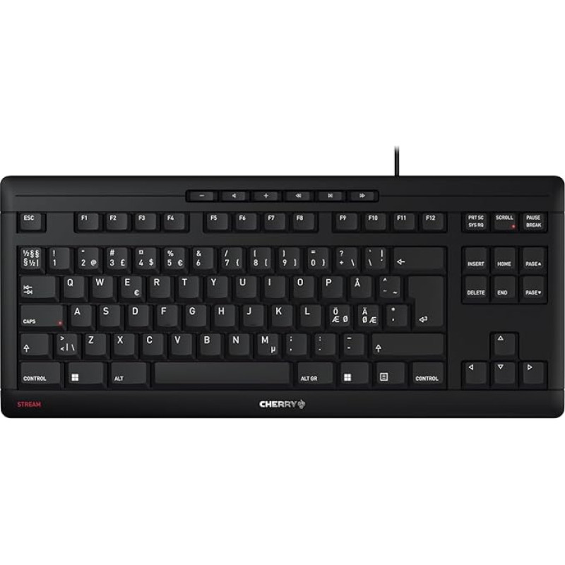 CHERRY Stream klaviatūra TKL, laidinė klaviatūra be skaitmeninės klaviatūros, šiaurietiškas išdėstymas (QWERTY), tylus klavišų paspaudimas, unikalus rašymo pojūtis, juoda