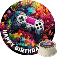 J&M DECO Gamer Cake Topper - Edible Cake Decoration Diameter 20 cm - Cake Picture with Gaming Motif for Boys Birthday - Sugar Paper Cake Decoration - Ready to Use