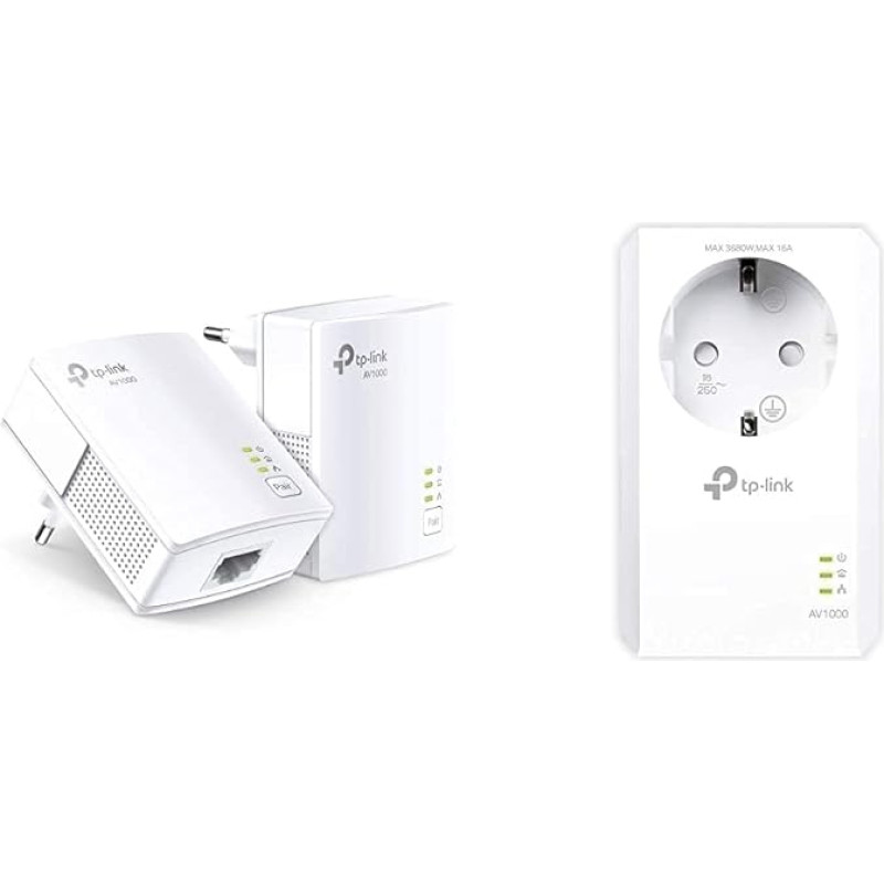 TP-Link Powerline Adapter Set TL-PA7017 KIT (1000 Mbit/s Homeplug AV2, 2 Gigabit Ports) White & TL-PA7017 P AV1000 Gigabit Powerline Adapter with Socket (1x Gigabit Port) White