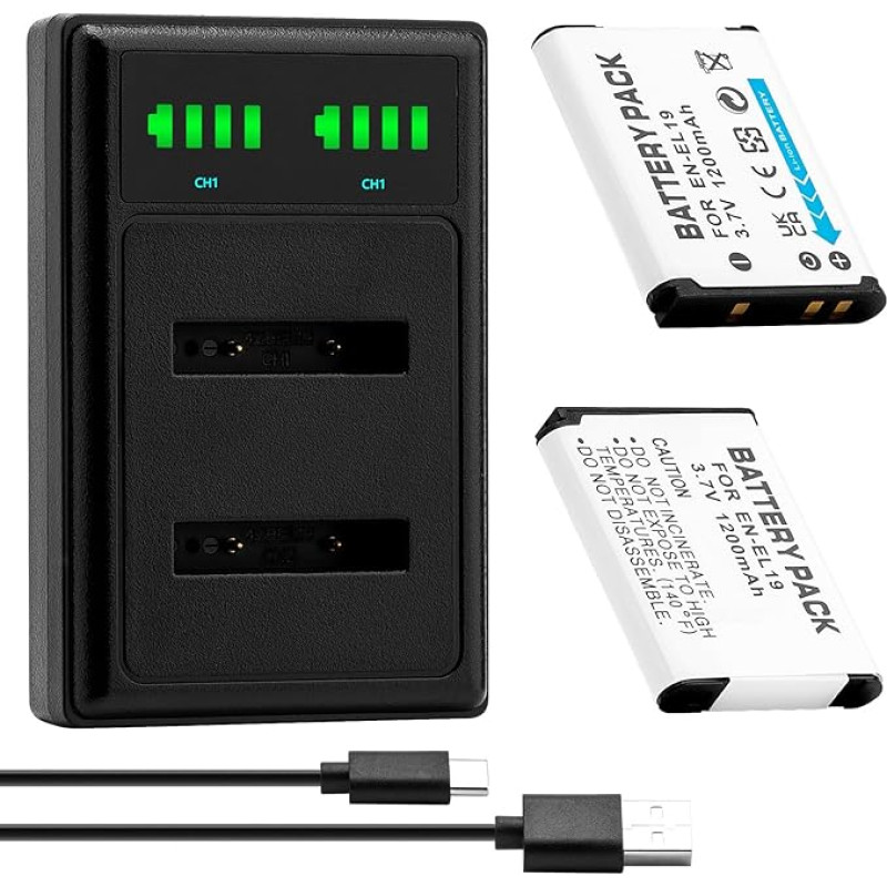 2 vnt. 3,7 V 1200 mAh EN-EL19 EN EL19 fotoaparato akumuliatoriaus + LCD USB įkroviklis, skirtas Nikon Coolpix S2600 S2700 S3100 S3500 S4100 S4150 S4400 S5200 S6400 S6900