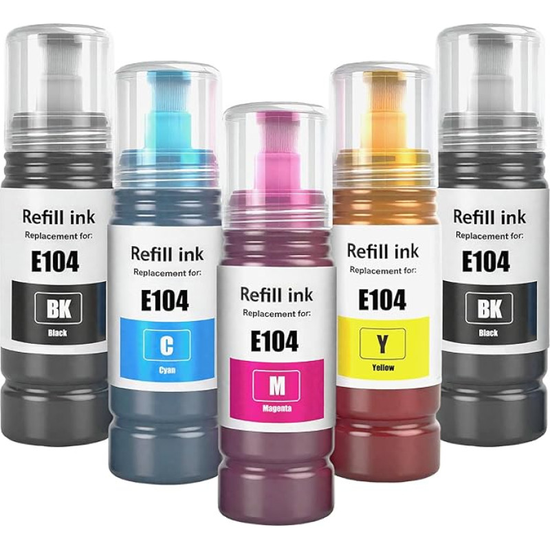 E104 suderinami rašalo buteliukai, skirti ET-2710 2711 2712 2714 2715 2720 2721 2726 ET-2810 2811 2812 2814 2815 ET-2820 2821 ET 4800 spausdintuvui (5 pakuotės, 2 juodi, 1 žydras, purpurinis, geltonas)