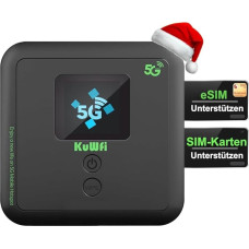 KuWFi 5G Mobile Router with eSIM & Nano SIM Card Slot, Up to 3.5 Gbps, WiFi 6 AX3000, 6000 mAh Battery, LED Display, WPA3, WPS, Portable WLAN Hotspot for Travel, Motorhome, Camping, 32 Devices
