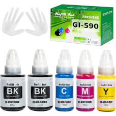 GI590 GI490 Tintės, suderinamos su Canon GI-590 GI-490 Tintenfehlflaschen für PIXMA G1400 G1410 G2400 G2410 G3400 G4400 G4411 G1500 G1510 G2500 G2510 G3500 G3510 G4500 G1501 5600 Seiten(5Pack 2BK/C/M/Y)