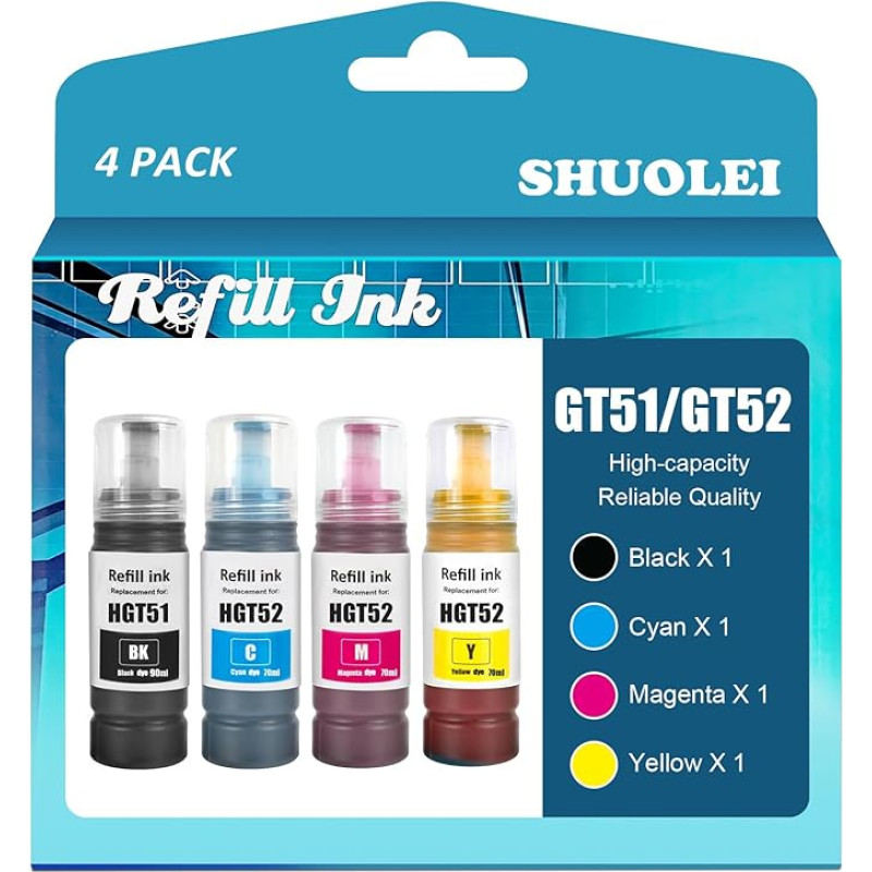 Suderinamas rašalo buteliukas GT51 GT52 GT51BK GT52 GT52 GT52C GT52M GT52Y Suderinamas su HP DeskJet GT5810 5820 5811 5821 5822 118 310 310 311 318 319 319 410 411 418 419 (4 pakuotės, juoda, žydra, geltona, purpurinė)