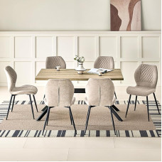 Valgomojo komplektas su šviesaus medžio valgomojo stalu ir 6 rudos spalvos kėdėmis, 140 x 80 x 76 cm stačiakampio formos valgomojo stalas su 6 ergonomiško dizaino lininėmis valgomojo kėdėmis, skirtas valgomajam, virtuvei, svetainei