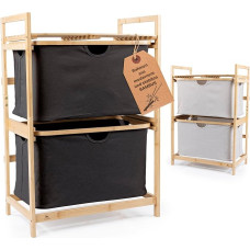 HENNEZ Bathroom Shelf, 2 Compartments, Bamboo Shelf with Shelf and 2 Baskets, Bathroom Shelf with Drawer Boxes, Standing Shelf, Ideal as a Chest of Drawers & Laundry Hamper, Laundry Sorter with Fabric