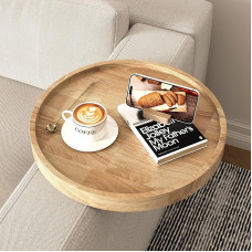Natūralaus medžio kavos staliuko padėklas, reguliuojamas plonoms ir plačioms sofoms, apvalūs mediniai porankiai, šoninis staliukas, užkandžių padėklas