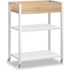 HOOBRO EWN64TC01 3 pakopų serviravimo vežimėlis su apsauginiais kraštais, virtuvės vežimėlis, virtuvės lentyna, baro krepšelis 64 x 40 x 85 cm, skirtas valgomajam, svetainei, barams, baltos ir medžio spalvos