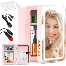 6 l mini šaldytuvas - mažas 12 V 230 V šaldytuvas veikia tyliai su veidrodžiu ir LED apšvietimu - odos priežiūros šaldytuvas kosmetikai Grožio priežiūros kosmetikos šaldytuvas, idealiai tinkantis automobiliui (rožinis)