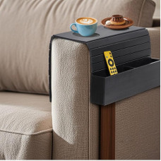 Medinis sofos padėklas su gėrimų laikikliu ir 2 padėkliukais, medinis sofos padėklas, sofos padėklas su porankiu, sulankstomas sofos padėklas gėrimams, užkandžiams, nuotolinio valdymo pultui, telefonui ir žurnalui