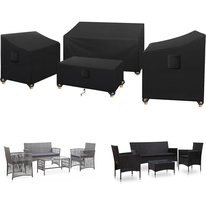 Sodo baldų dangtelis 4 apsauginių dangtelių rinkinys 420D Oksfordo audinys, juodas, atsparus vandeniui, su virvele ir diržo sagtimis, skirtas terasos baldams, kėdėms, stalams