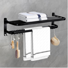 Towel Holder Bathroom HONPHIER Towel Rail Wall Mounted Foldable Towel Holder Stainless Steel Bath Towel Holder with Hooks Multifunctional Towel Holder for Bathroom Kitchen Bathroom Toilet (23 Inches, Black)