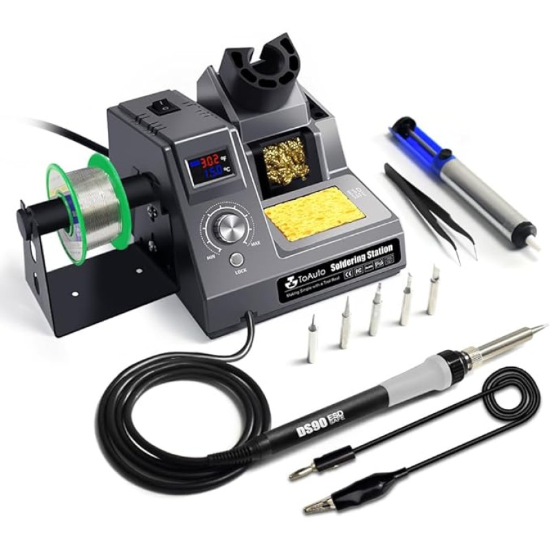 TOAUTO DS90 Soldering Station °F & °C Dual Digital Display Soldering Iron Set, 90 W Soldering Iron, 302 °F - 842 °F Temperature, Anti-Static and Earth Cable, Standby Mode Soldering Set, 5 Soldering