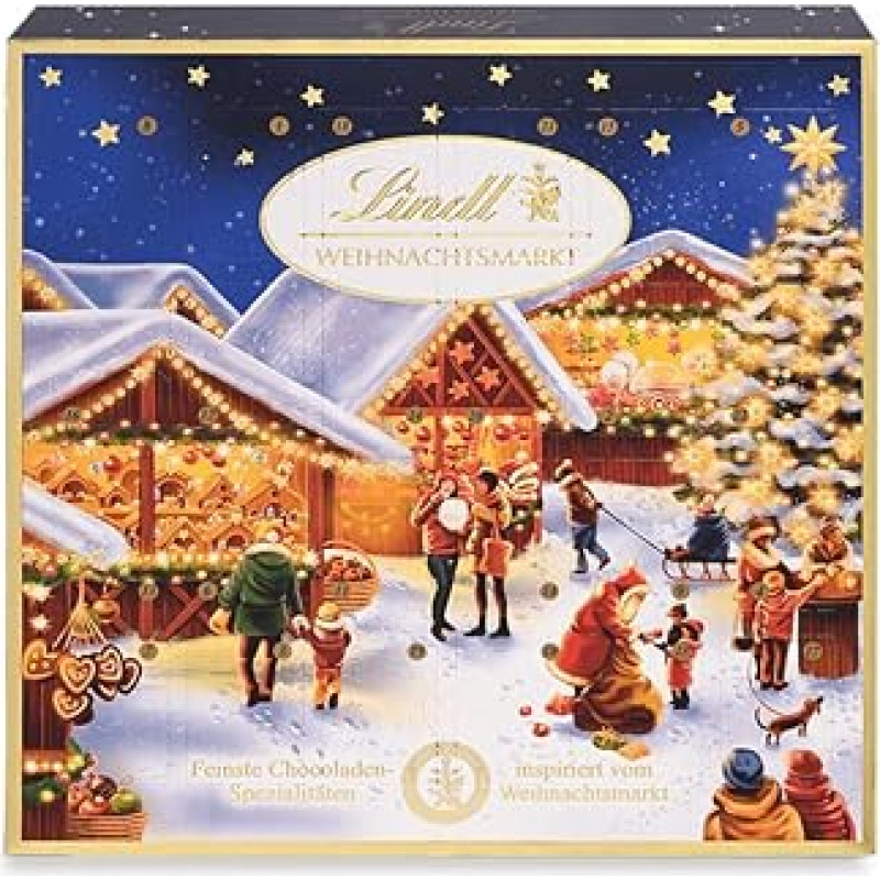 Lindt Schokolade Weihnachtsmarkt Mini-Tisch-Adventskalender 2024 , 115 g , 24 süße Mini Kugeln in verschiedenen Sorten , Schokolade für die Weihnachtszeit , Schokoladen-Geschenk