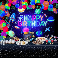 Pack of 78 Glow Neon Space Party Accessories - Astronaut Planet Happy Birthday Backdrop Banner, Galaxy Tablecloth, Dark Luminous Balloons for Boys Neon Space Party Decorations