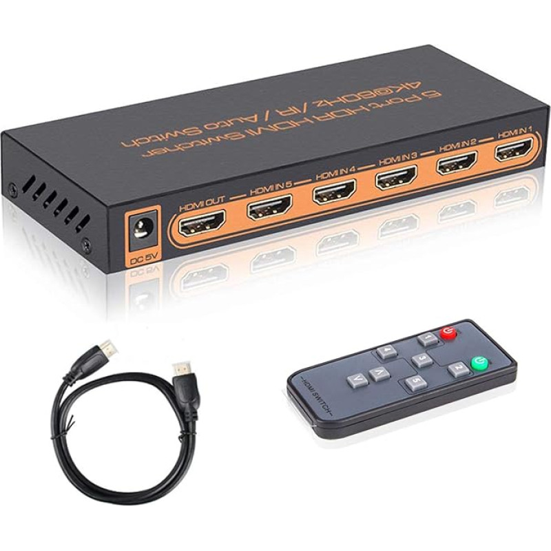 HDMI jungiklis 4K, HDMI jungiklis Automatinis / rankinis HDMI jungiklis 5 in 1 Out HDMI skirstytuvas, HDMI skirstytuvas palaiko 4K 60hz/2K/1080P/3D/HDCP 2.2/UHD/HDR PS 3/4/Xbox One/360/DVD/HDTV ir kt.